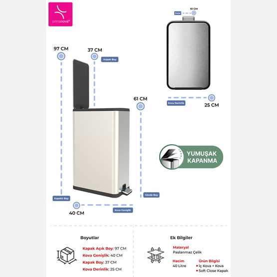 Dikdörtgen Çelik Çöp Kovası 40L
