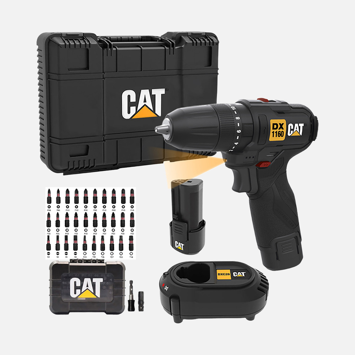   CAT DX1160 12Volt/2.0Ah Li-ion Çift Akülü Kömürsüz Profesyonel Şarjlı Darbeli Matkap + DA01901 32 Parça Aksesuar Seti 
