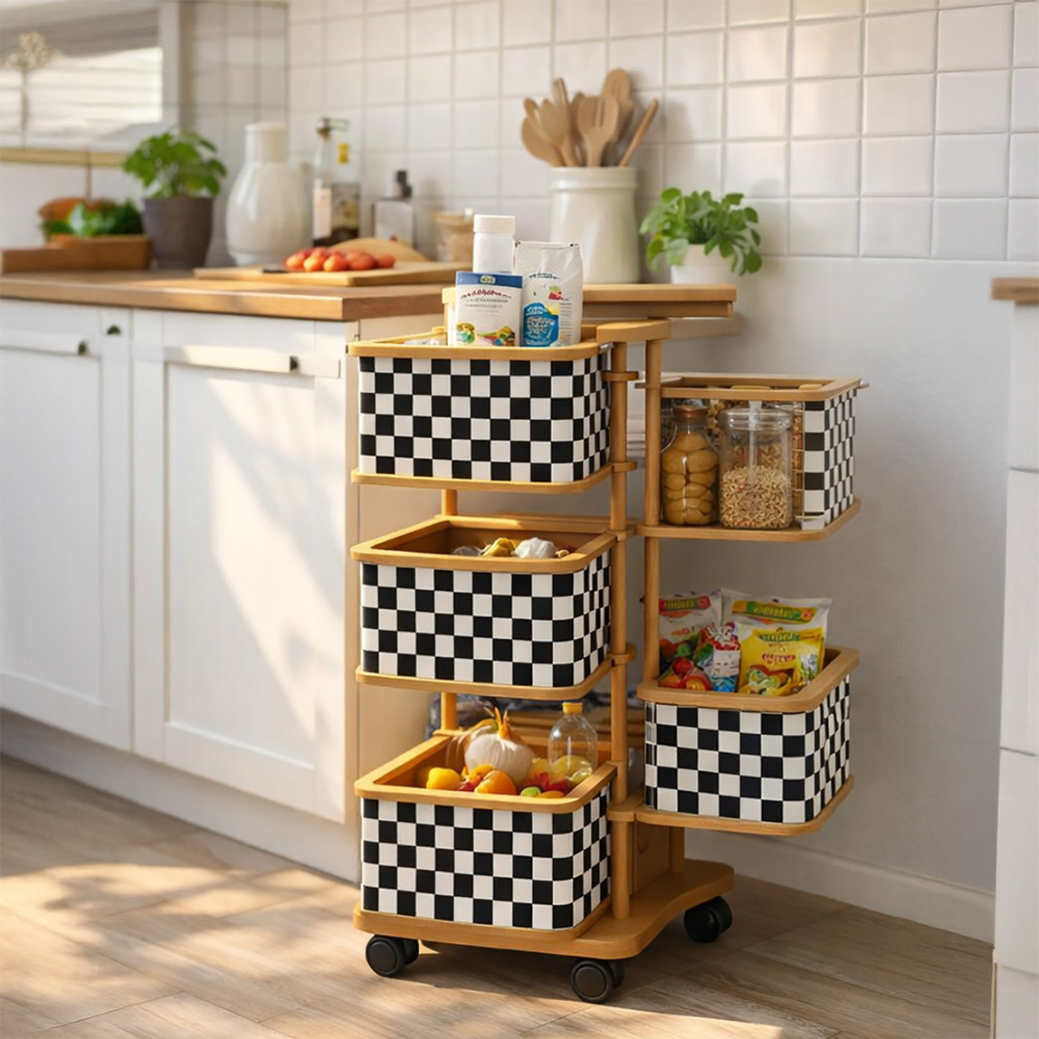    Ahşap 4 Katlı Tekerlekli Sebzelik ve Çok Amaçlı Organizer 