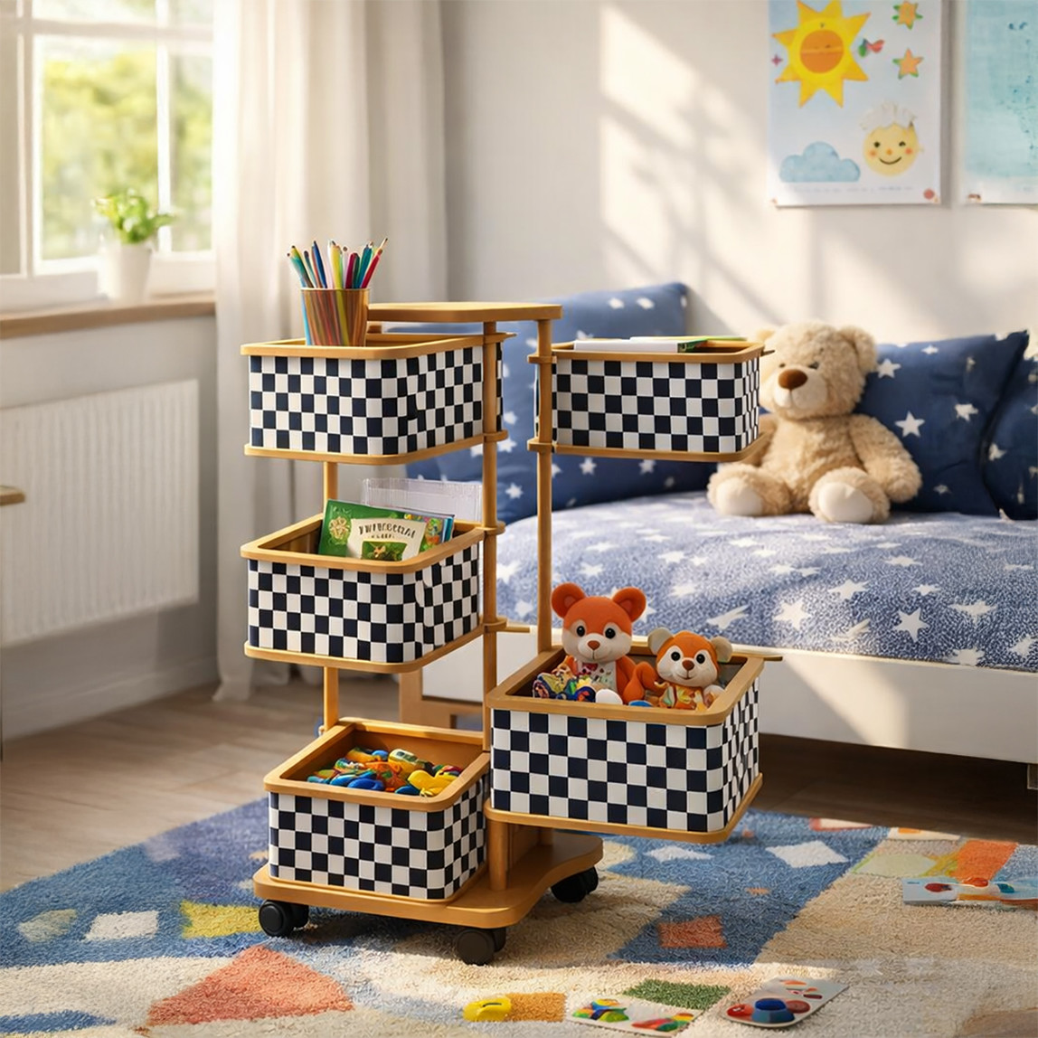    Ahşap 4 Katlı Tekerlekli Sebzelik ve Çok Amaçlı Organizer 