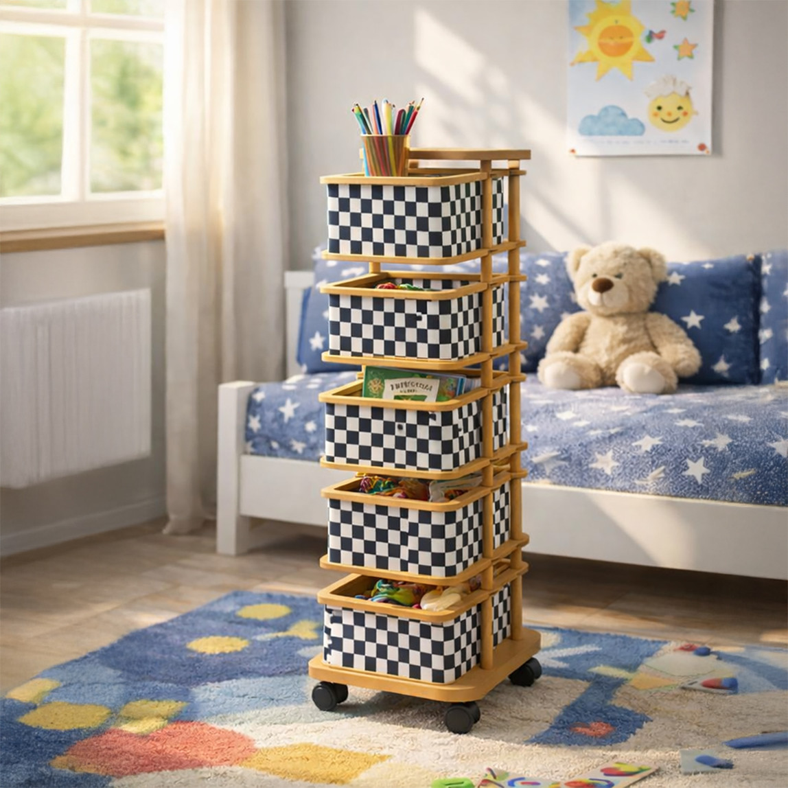    Ahşap 5 Katlı Tekerlekli Sebzelik ve Çok Amaçlı Organizer 