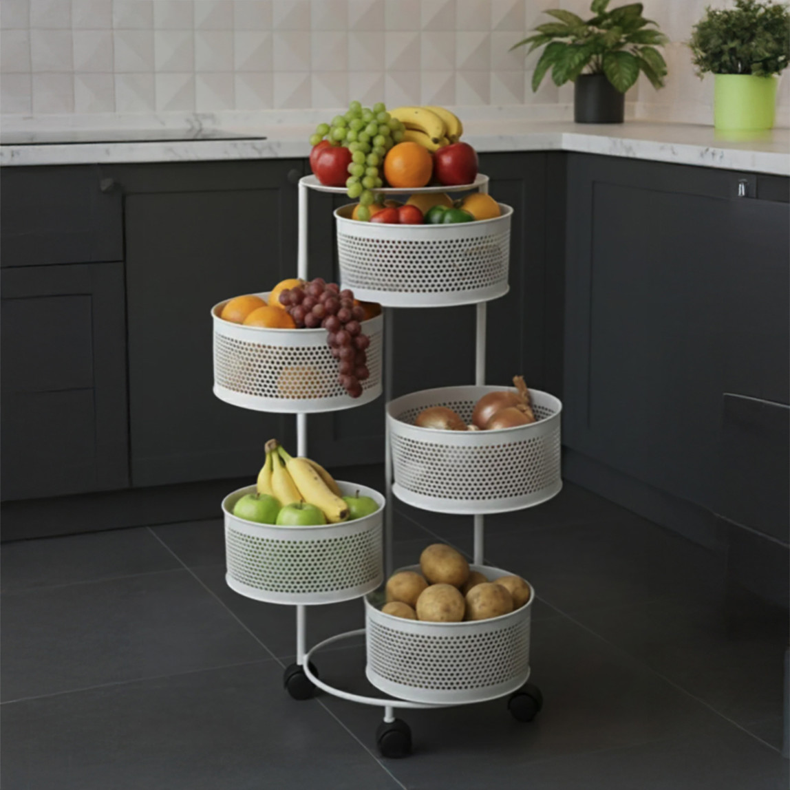    Metal 5 Katlı Tekerlekli Sebzelik Beyaz 