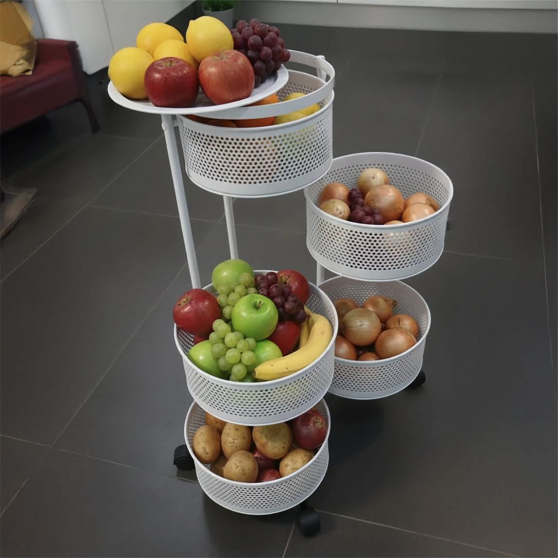    Metal 5 Katlı Tekerlekli Sebzelik Beyaz 