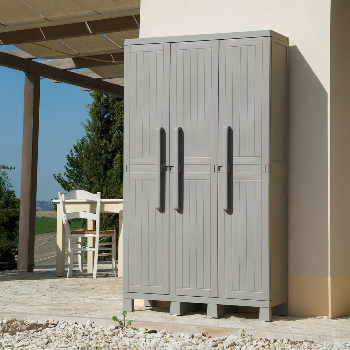    Wood Midi 3 Kapılı Uzun Bölmeli 4 Raflı Plastik Dolap Taş Gri 