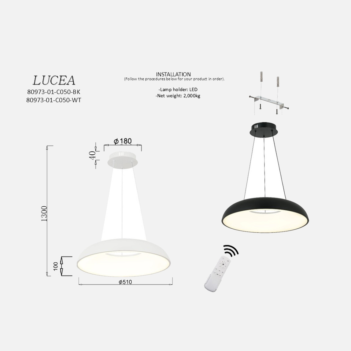    Lucea Ange Ledli Siyah Avize 34W 3000-6000K 