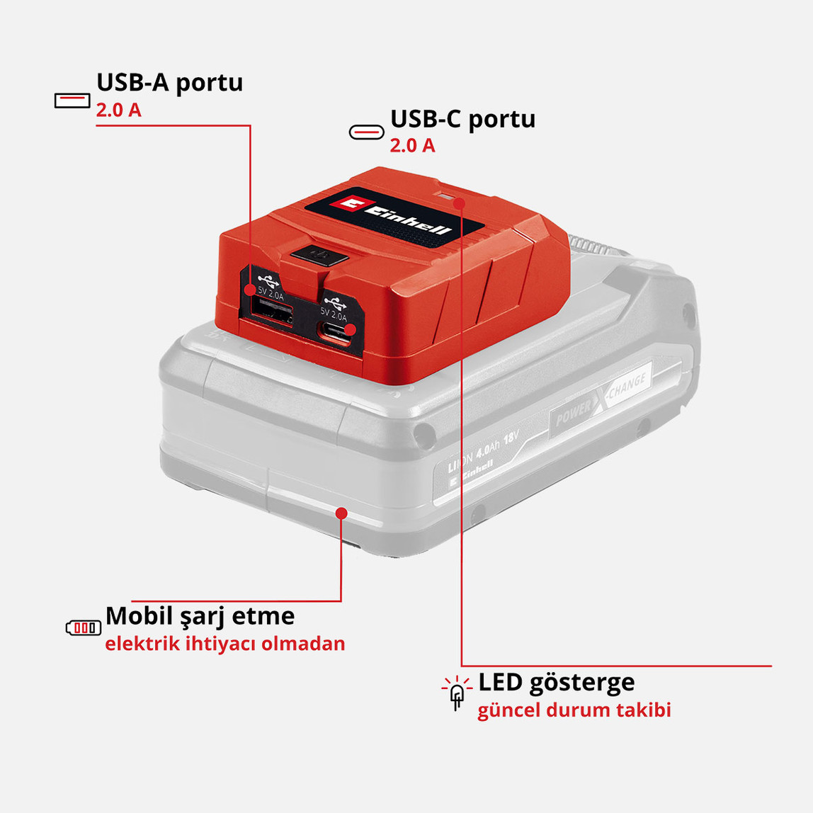    Einhell TC-CP 18 Li USB A/C-Solo Akülü Mobil USB Şarj Cihazı (Akü ve şarj cihazı dahil değildir) 