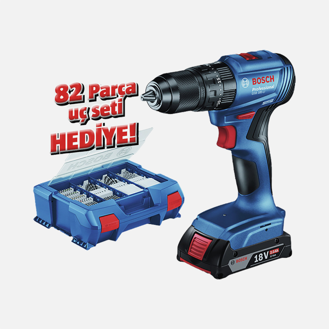    Bosch GSB 185-LI Akülü Darbeli Delme Vidalama(1x18V 2.0 Ah.Akü ve 82 Parça Uç Seti Hediye) 