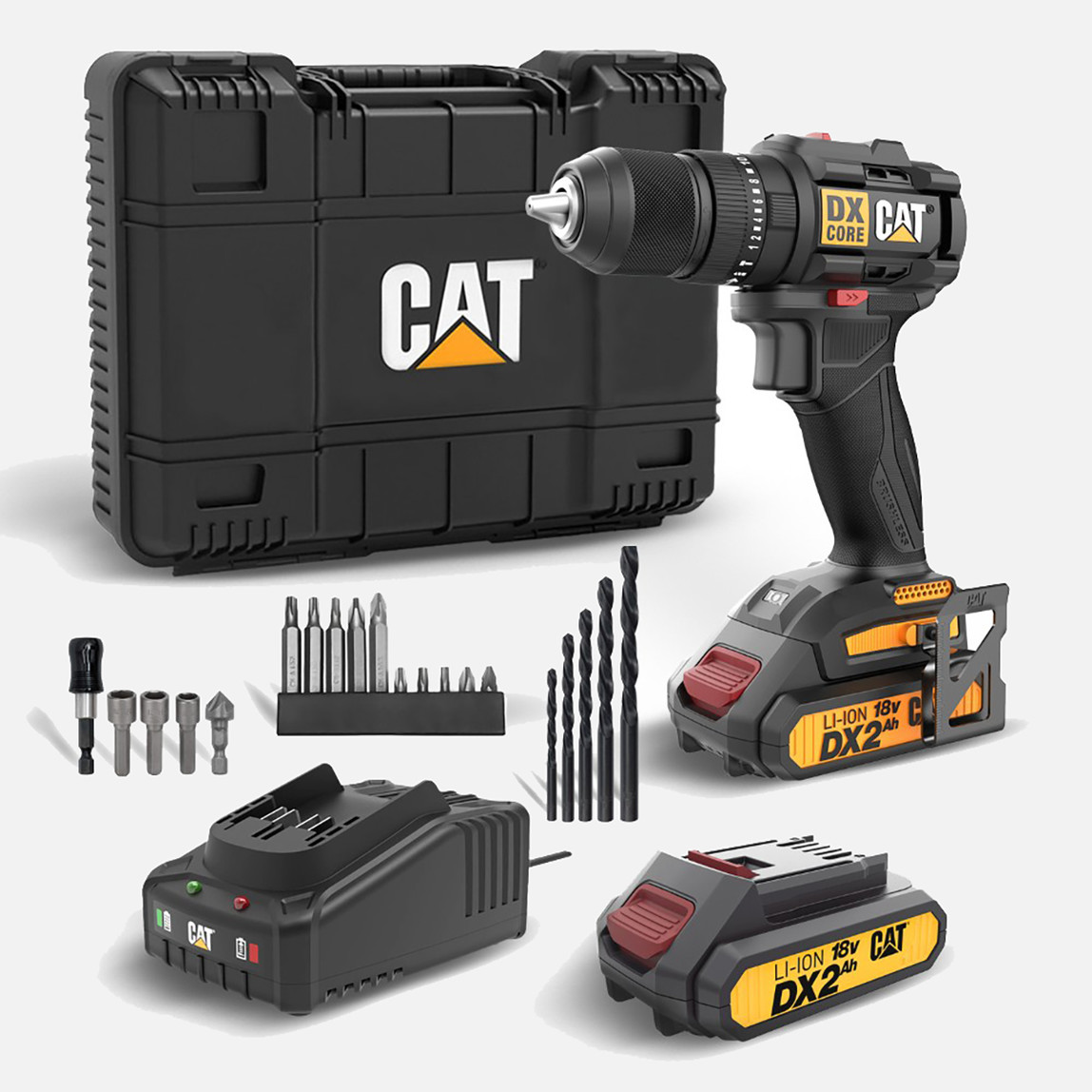    Cat DX1010.1 18Volt 2.0Ah Li-ion Çift Akülü Kömürsüz Profesyonel Şarjlı Darbeli Matkap + 20 Parça Delme Vidalama Uç Seti 