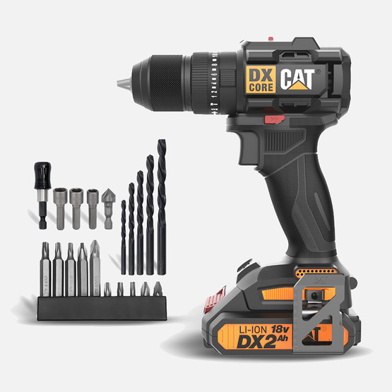 Cat DX1010.1 18Volt 2.0Ah Li-ion Çift Akülü Kömürsüz Profesyonel Şarjlı Darbeli Matkap + 20 Parça Delme Vidalama Uç Seti
