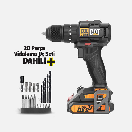 Cat DX1010.1 18Volt 2.0Ah Li-ion Çift Akülü Kömürsüz Profesyonel Şarjlı Darbeli Matkap + 20 Parça Delme Vidalama Uç Seti
