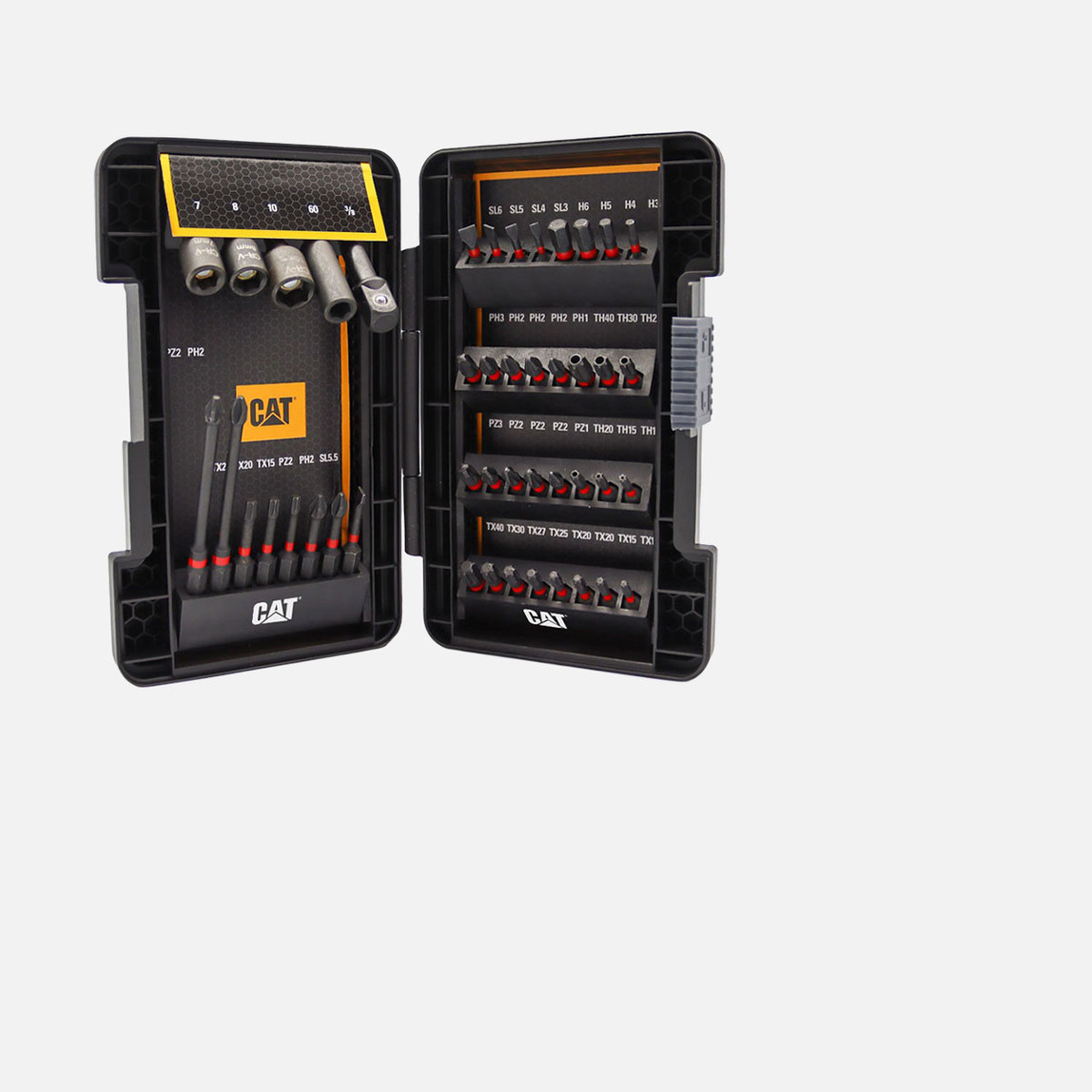    Cat DX1120 18Volt/2.0Ah Li-ion Çift Akülü Kömürsüz Profesyonel Şarjlı Darbeli Matkap + DA01902 45 Parça Vidalama Uç Seti 