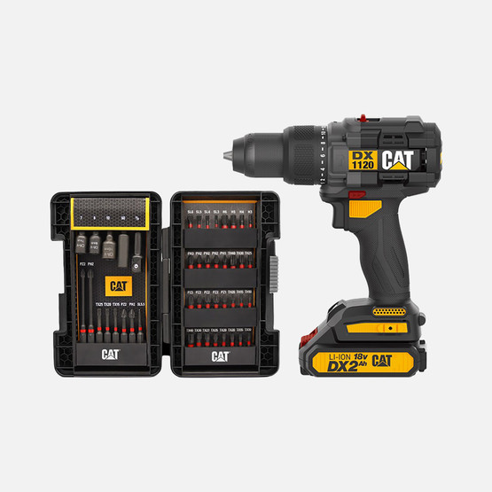 Cat DX1120 18Volt/2.0Ah Li-ion Çift Akülü Kömürsüz Profesyonel Şarjlı Darbeli Matkap + DA01902 45 Parça Vidalama Uç Seti