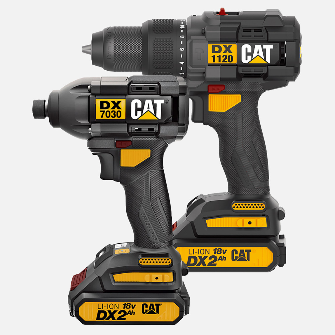    Cat DXK201 18Volt/2.0Ah Li-ion Çift Akülü Kömürsüz Profesyonel Şarjlı Darbeli Matkap + DX7030 Kömürsüz Darbeli Tornavida + DA01903 201 Parça Uç Seti Kombo Set 