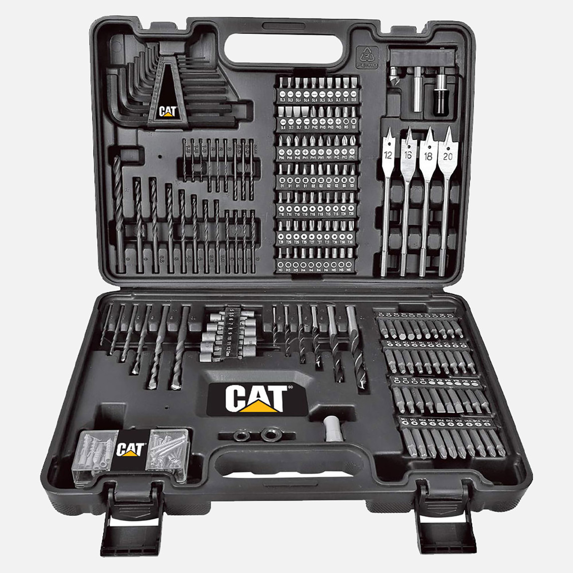    Cat DXK201 18Volt/2.0Ah Li-ion Çift Akülü Kömürsüz Profesyonel Şarjlı Darbeli Matkap + DX7030 Kömürsüz Darbeli Tornavida + DA01903 201 Parça Uç Seti Kombo Set 