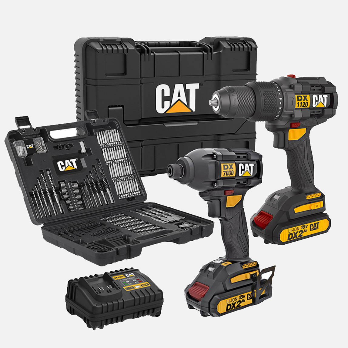    Cat DXK201 18Volt/2.0Ah Li-ion Çift Akülü Kömürsüz Profesyonel Şarjlı Darbeli Matkap + DX7030 Kömürsüz Darbeli Tornavida + DA01903 201 Parça Uç Seti Kombo Set 