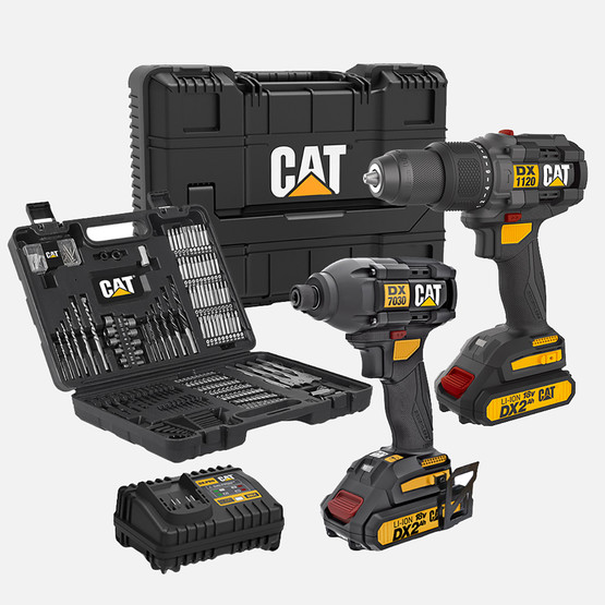Cat DXK201 18Volt/2.0Ah Li-ion Çift Akülü Kömürsüz Profesyonel Şarjlı Darbeli Matkap + DX7030 Kömürsüz Darbeli Tornavida + DA01903 201 Parça Uç Seti Kombo Set