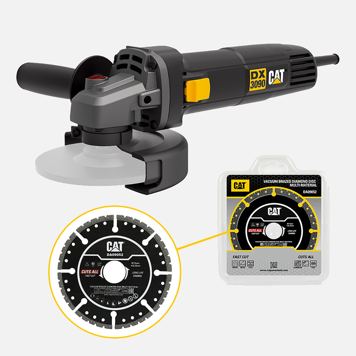    Cat DX3090 720Watt 125mm Profesyonel Avuç Taşlama + DA09052 Genel Amaçlı Elmas Kesme Diski 