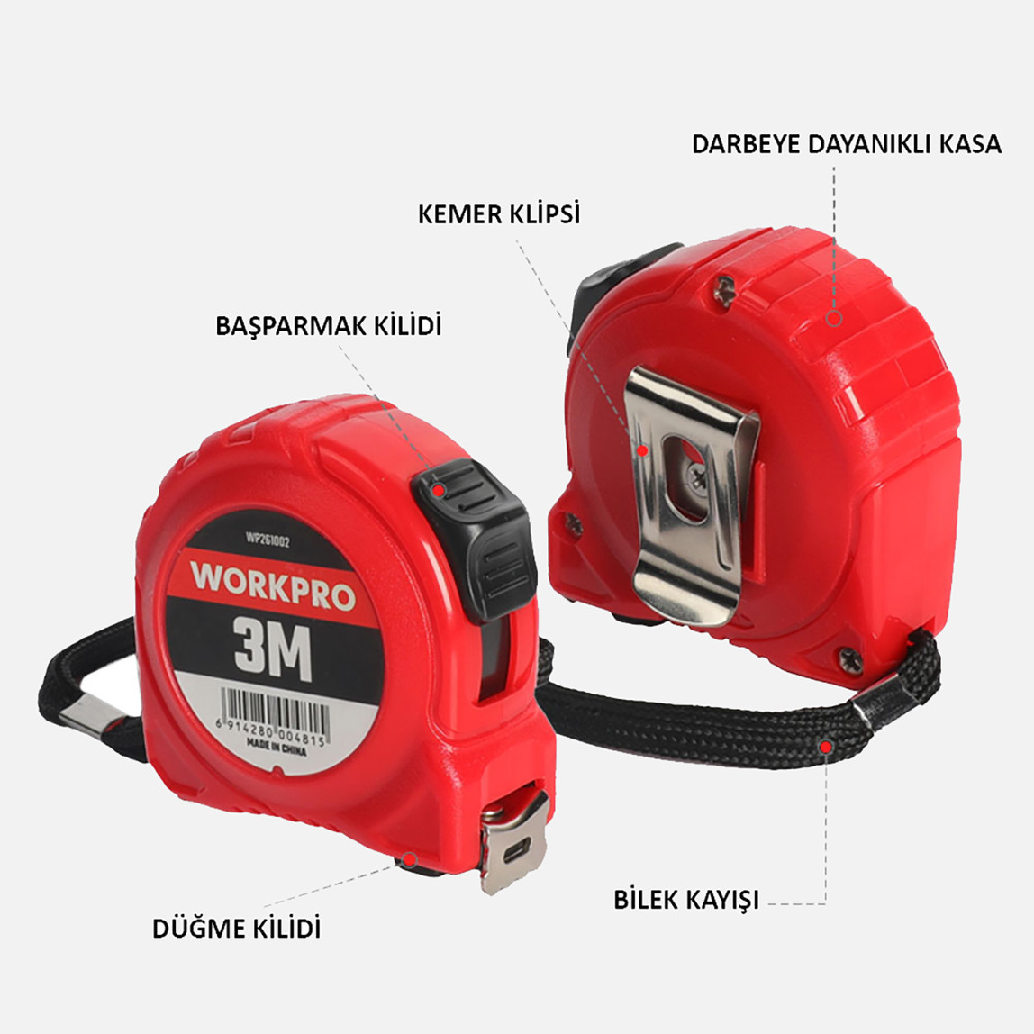    WORKPRO WP261002 3Mx16mm Beyaz Çelik Şerit Metre  