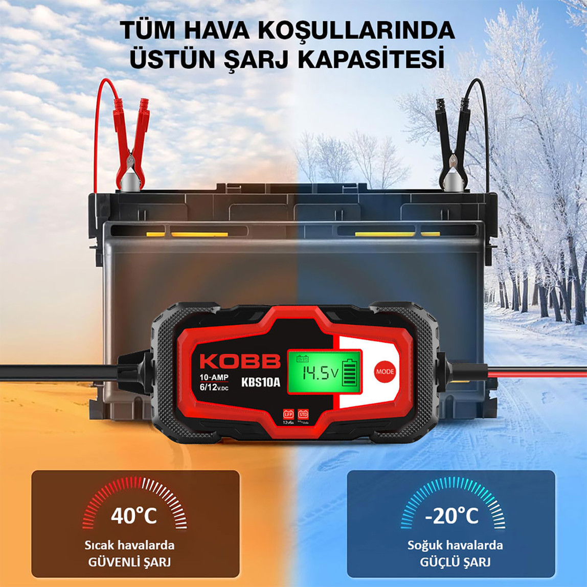    Kobb KBS10A 6/12V 200A Dijital Akü Şarj / Akü Bakım / Desülfatör ve Power Supply 