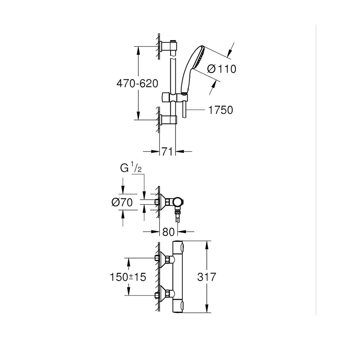    Grohe Precision Flow Termostatik Duş Bataryası ve Vitalio Start 110 Sürgülü Duş Seti 
