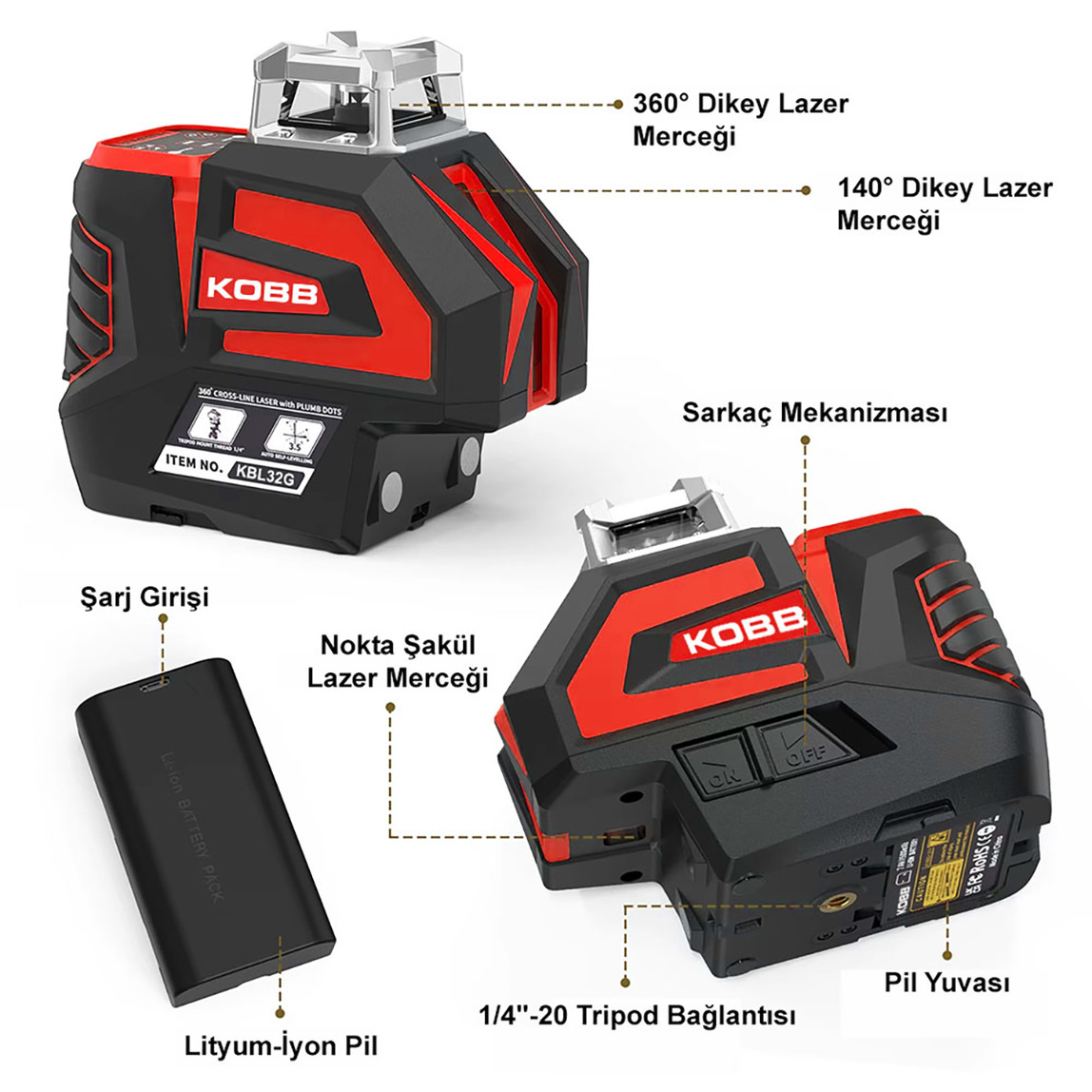    Kobb KBL32G Profesyonel Li-ion Yatay ve Dikey Otomatik Hizalamalı Yeşil Nokta Şakül ve Yeşil Çapraz Çizgi Lazer Distomat  
