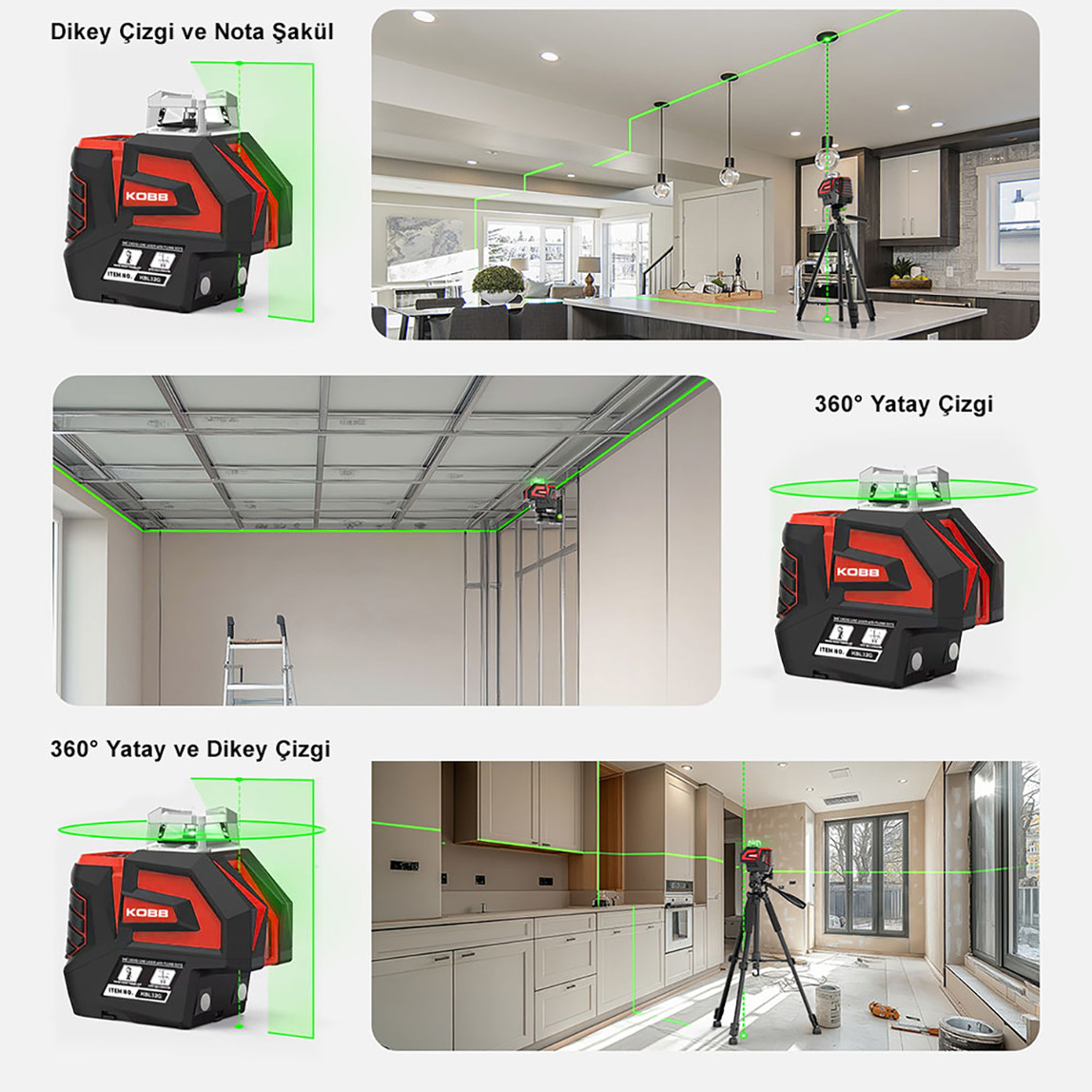    Kobb KBL32G Profesyonel Li-ion Yatay ve Dikey Otomatik Hizalamalı Yeşil Nokta Şakül ve Yeşil Çapraz Çizgi Lazer Distomat  