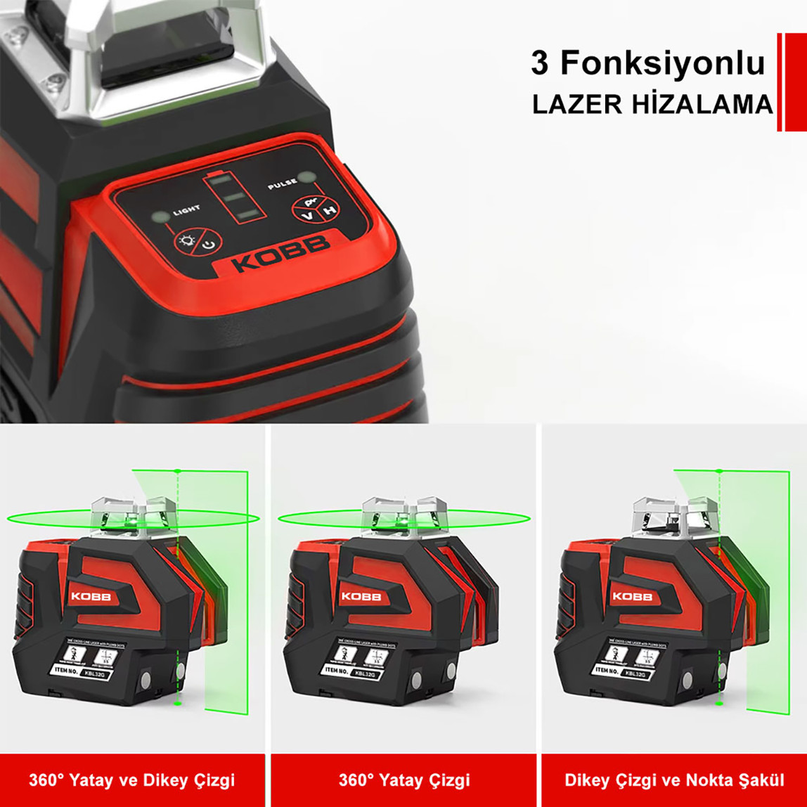    Kobb KBL32G Profesyonel Li-ion Yatay ve Dikey Otomatik Hizalamalı Yeşil Nokta Şakül ve Yeşil Çapraz Çizgi Lazer Distomat  