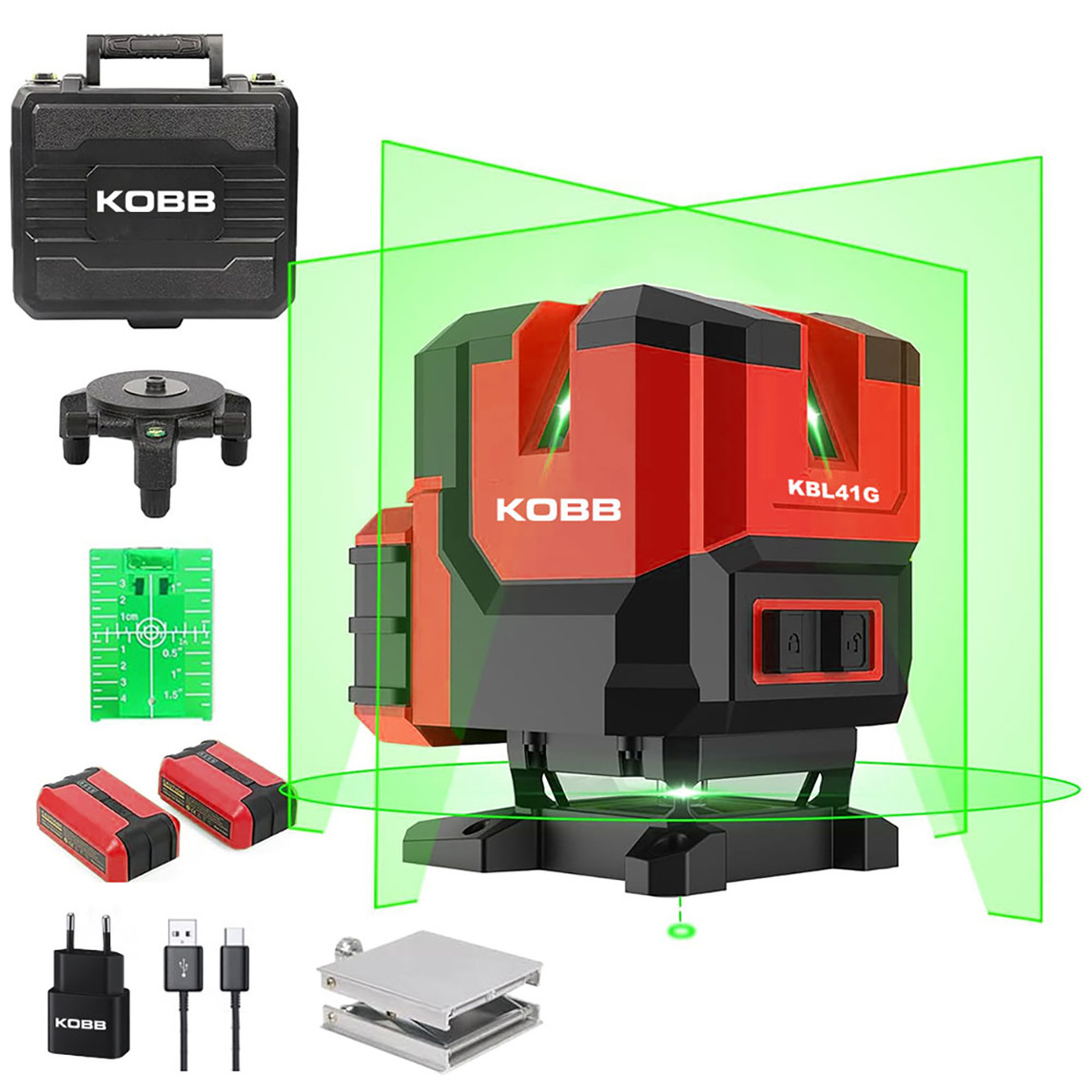    Kobb KBL41G 30 Metre Otomatik Hizalamalı Li-ion Çift Akülü Profesyonel Yeşil Çapraz Çizgi Lazer Distomat 