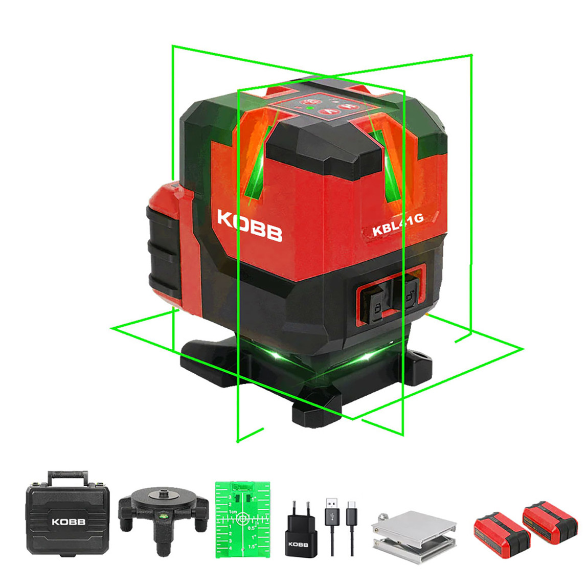    Kobb KBL41G 30 Metre Otomatik Hizalamalı Li-ion Çift Akülü Profesyonel Yeşil Çapraz Çizgi Lazer Distomat 
