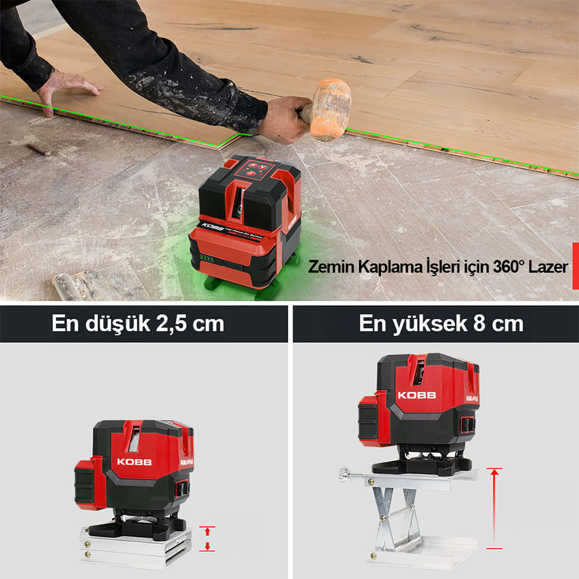    Kobb KBL41G 30 Metre Otomatik Hizalamalı Li-ion Çift Akülü Profesyonel Yeşil Çapraz Çizgi Lazer Distomat 