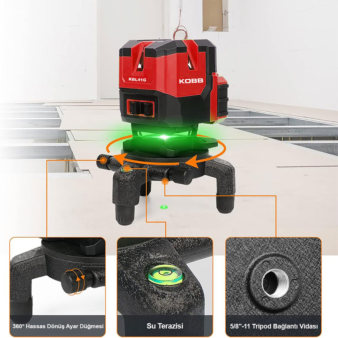    Kobb KBL41G 30 Metre Otomatik Hizalamalı Li-ion Çift Akülü Profesyonel Yeşil Çapraz Çizgi Lazer Distomat 