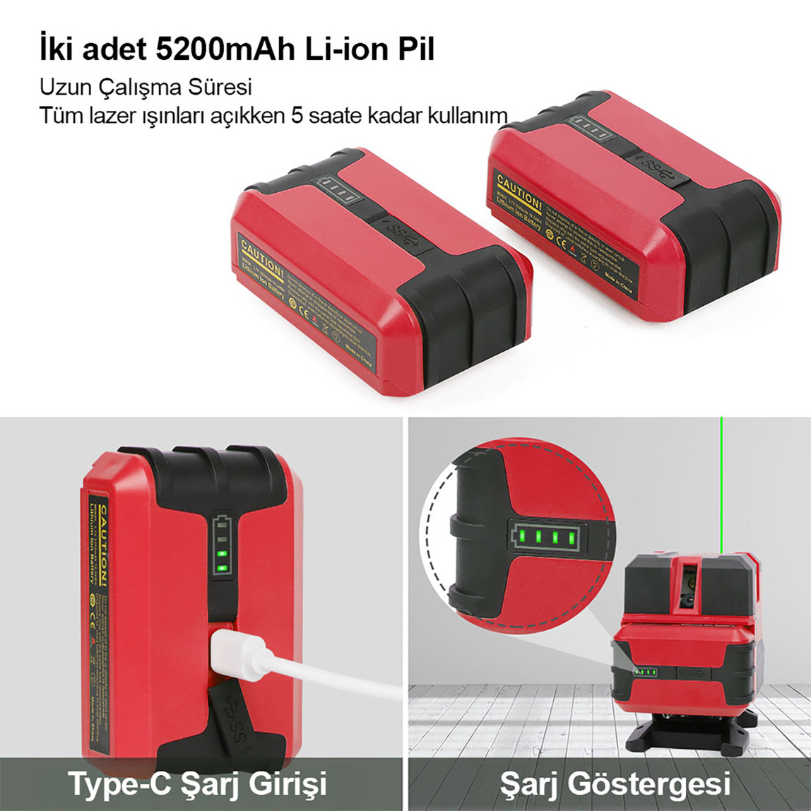    Kobb KBL41G 30 Metre Otomatik Hizalamalı Li-ion Çift Akülü Profesyonel Yeşil Çapraz Çizgi Lazer Distomat 