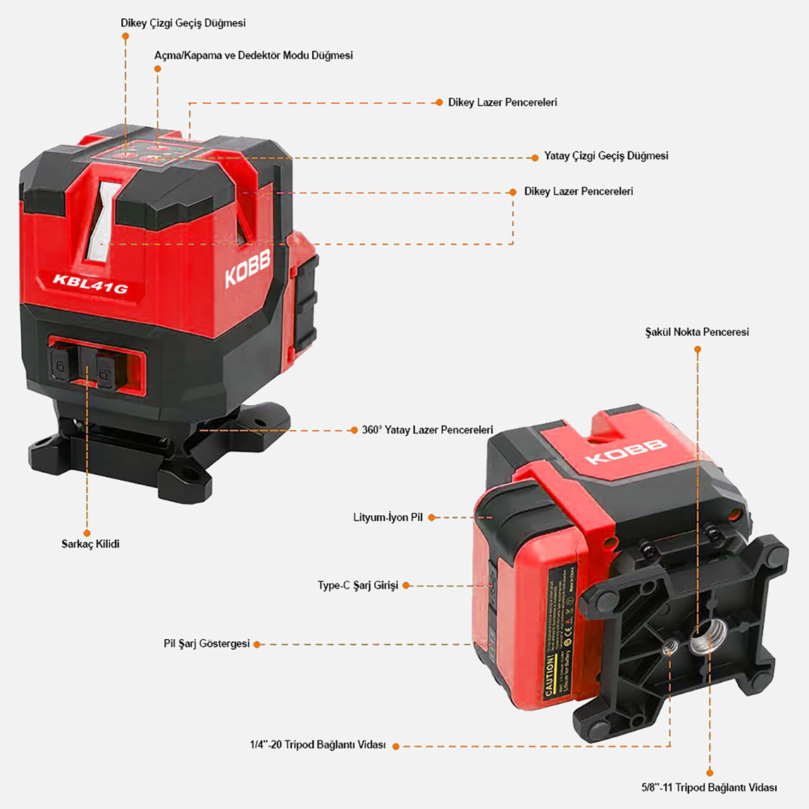    Kobb KBL41G 30 Metre Otomatik Hizalamalı Li-ion Çift Akülü Profesyonel Yeşil Çapraz Çizgi Lazer Distomat 