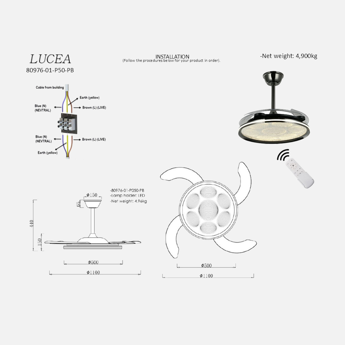    Lucea Remo Ledli Fanlı Avize 53W 3000-6000K 