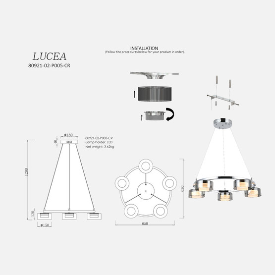 Lucea Primo 5'Li Ledli Avize 40W 3000K