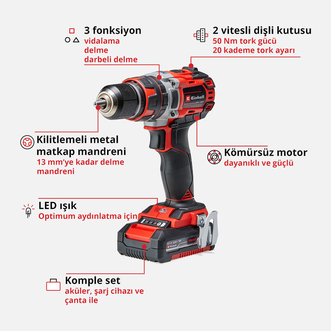    Einhell TP-CD 18/50 Li-i BL (2x2,0Ah) Kömürsüz 50 Nm Akülü Darbeli Vidalama  