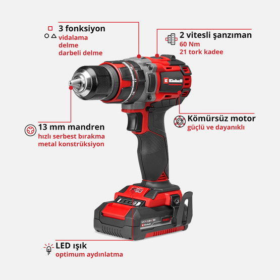 Einhell TP-CD 18/60 Li-i BL (1x 2.0 Ah) 18 V Profesyonel Kömürsüz 60 Nm Akülü Darbeli Vidalama