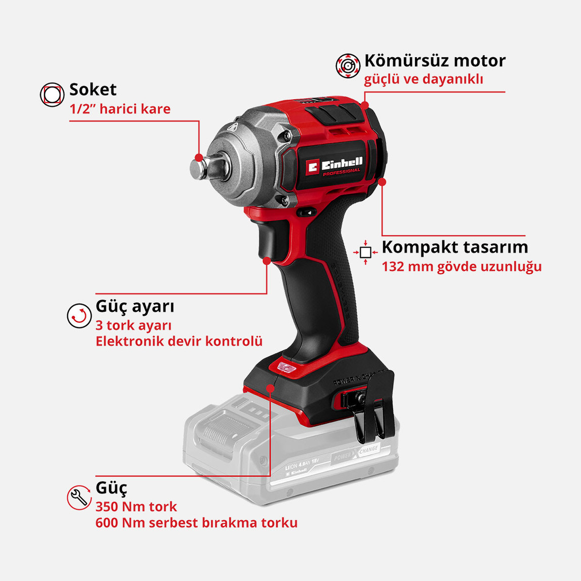    Einhell TP-CW 18/350-C Li BL-Solo Profesyonel Akülü Darbeli Somun Sıkma (Akü ve Şarj Cihazı Dahil Değildir.) 