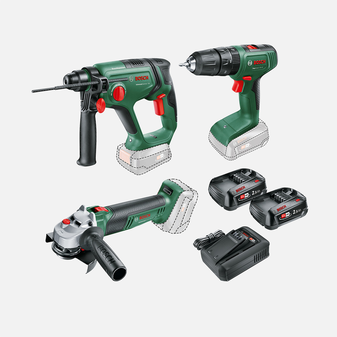    Bosch UniversalHammer 18V UniversalGrind 18V-75 EasyImpact 18V-40 2.5Ah. Çift Akülü Makine Seti 