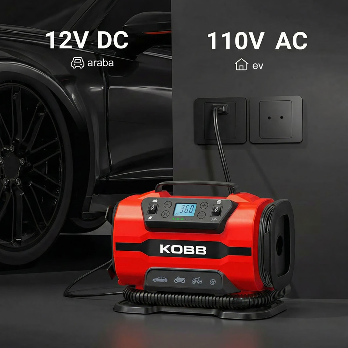    Kobb KB301 12Volt 220Volt 150 PSI Ayarlanabilir Dijital Basınç Göstergeli Lastik ve Yatak Şişirme Pompası 