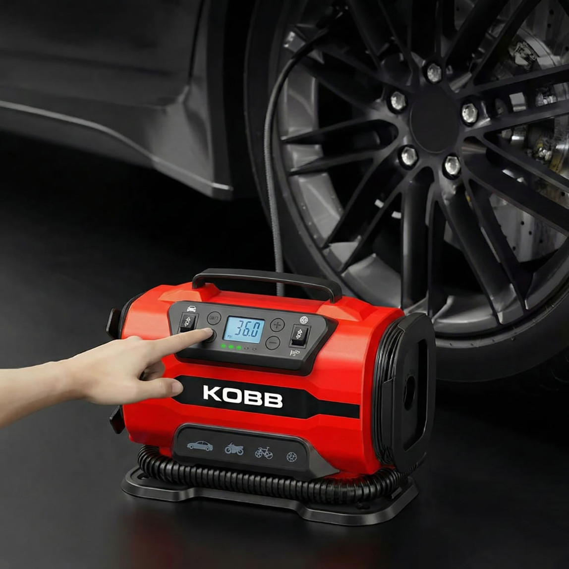    Kobb KB301 12Volt 220Volt 150 PSI Ayarlanabilir Dijital Basınç Göstergeli Lastik ve Yatak Şişirme Pompası 