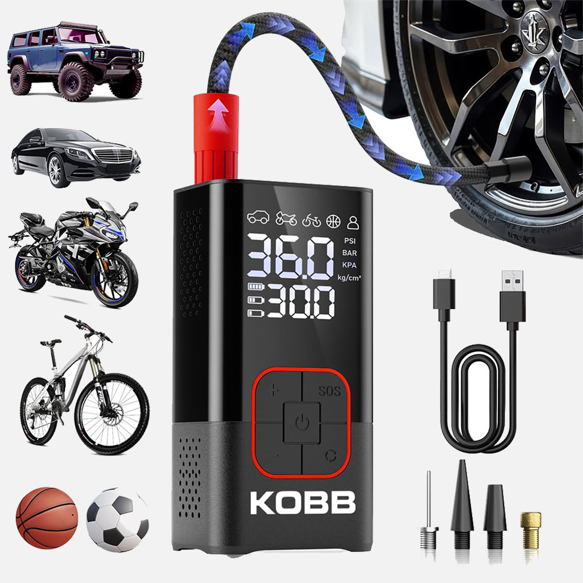    Kobb KB412 Li-ion Şarjlı 150 PSI Dijital Göstergeli Akıllı Lastik Şişirme Pompası 