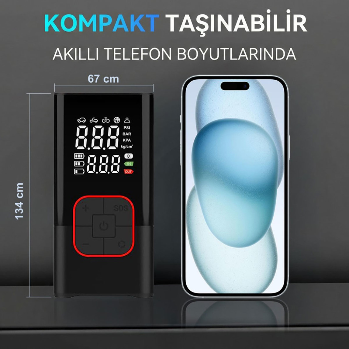    Kobb KB412 Li-ion Şarjlı 150 PSI Dijital Göstergeli Akıllı Lastik Şişirme Pompası 