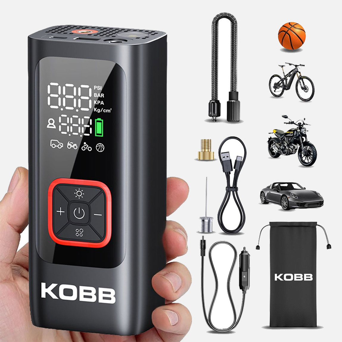   Kobb KB426 12V / Şarjlı Li-ion 150 PSI Dijital Göstergeli Akıllı Lastik Şişirme Pompası 