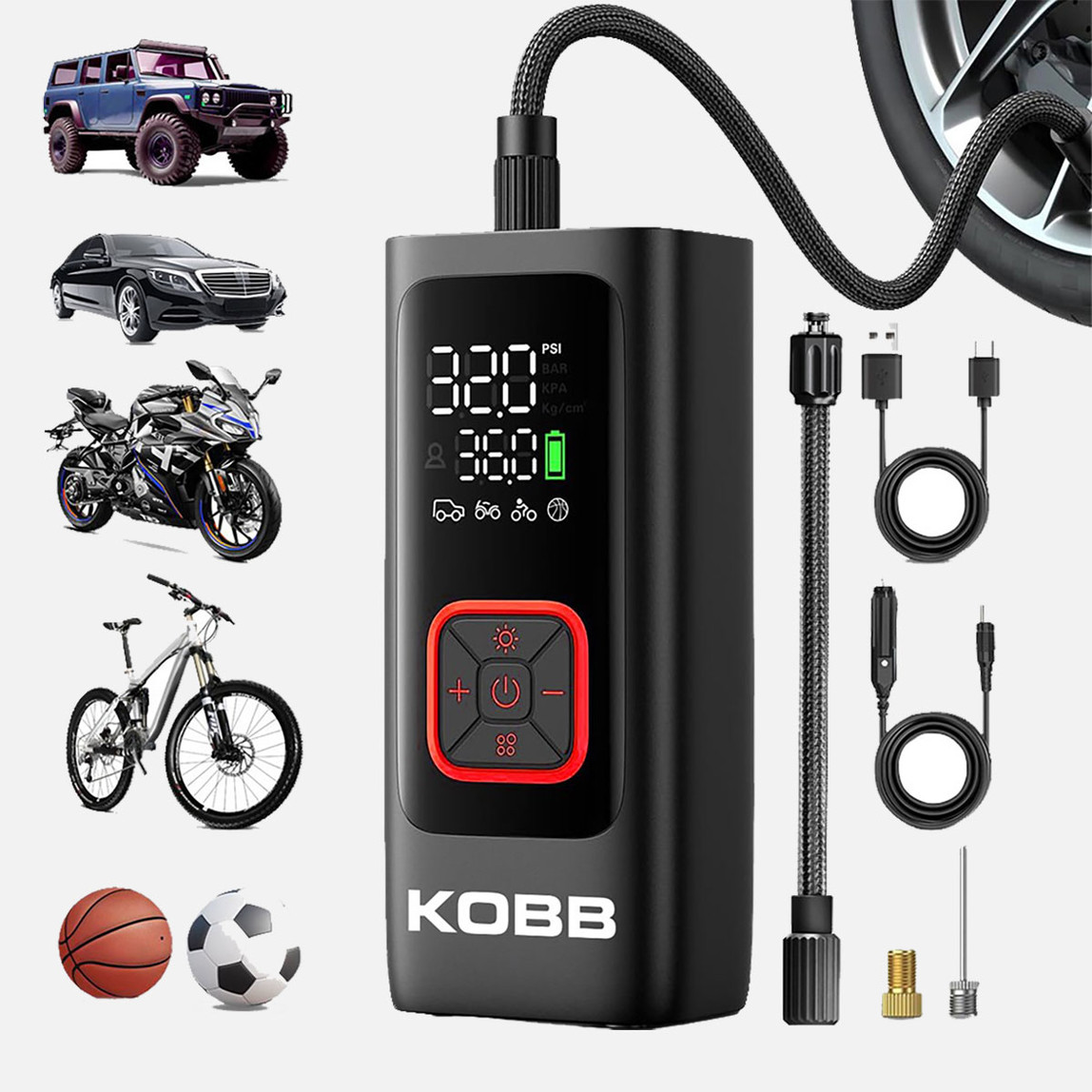    Kobb KB426 12V / Şarjlı Li-ion 150 PSI Dijital Göstergeli Akıllı Lastik Şişirme Pompası 