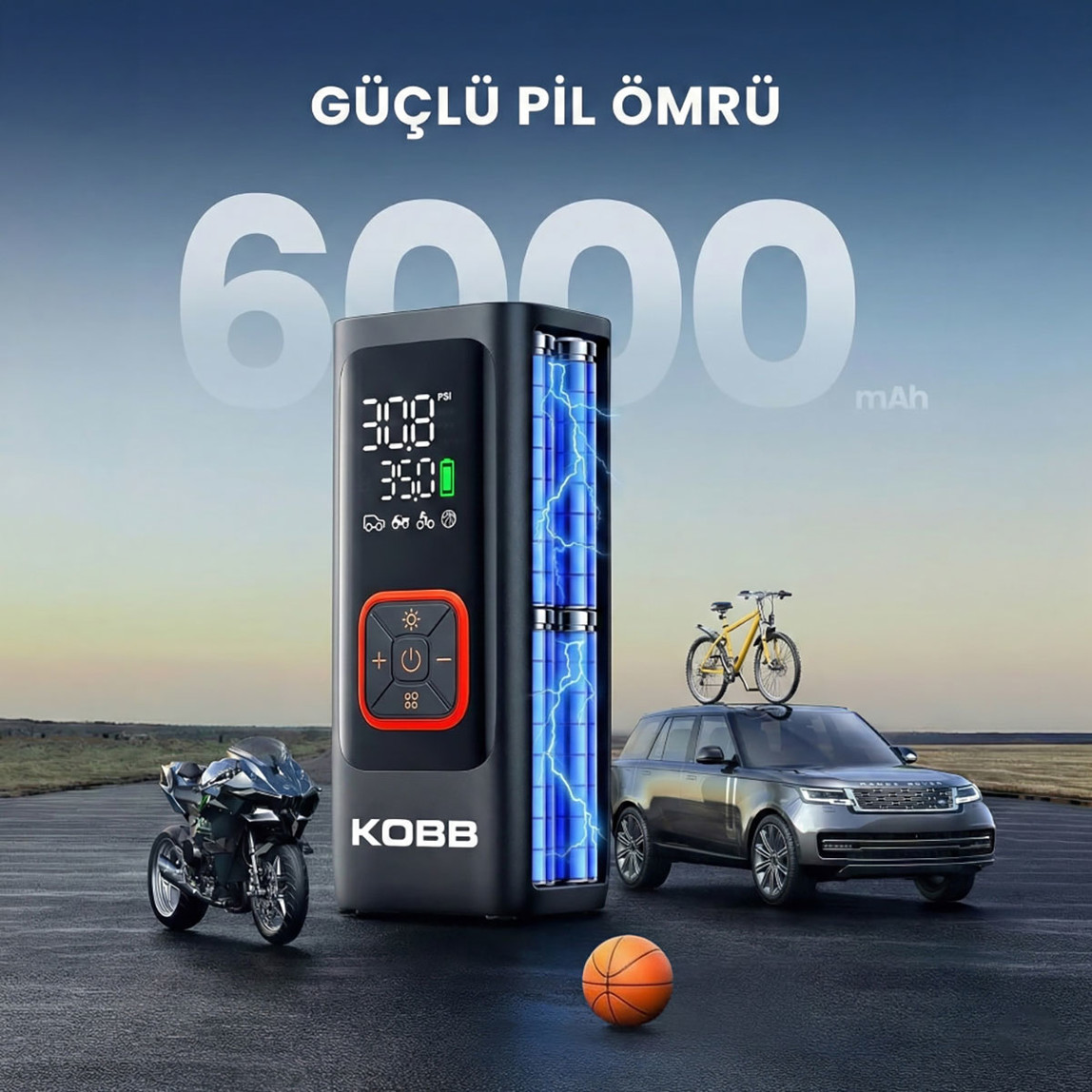    Kobb KB426 12V / Şarjlı Li-ion 150 PSI Dijital Göstergeli Akıllı Lastik Şişirme Pompası 