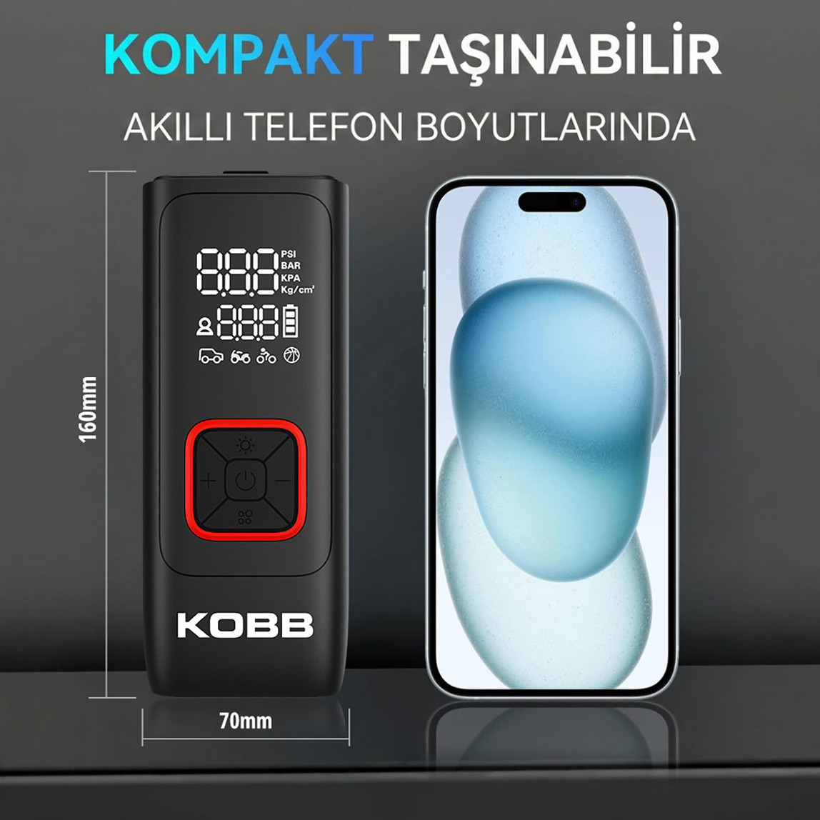    Kobb KB426 12V / Şarjlı Li-ion 150 PSI Dijital Göstergeli Akıllı Lastik Şişirme Pompası 