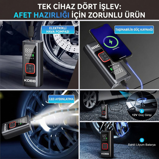 Kobb KB426 12V / Şarjlı Li-ion 150 PSI Dijital Göstergeli Akıllı Lastik Şişirme Pompası