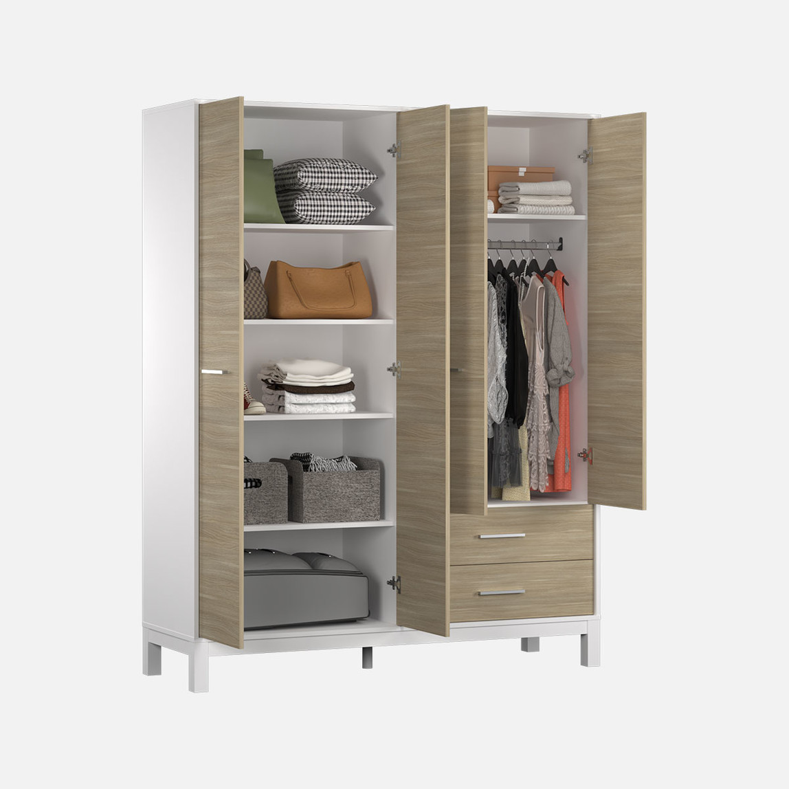    Adore London 4 Kapaklı 2 Çekmeceli Gardırop Meşe-Beyaz 