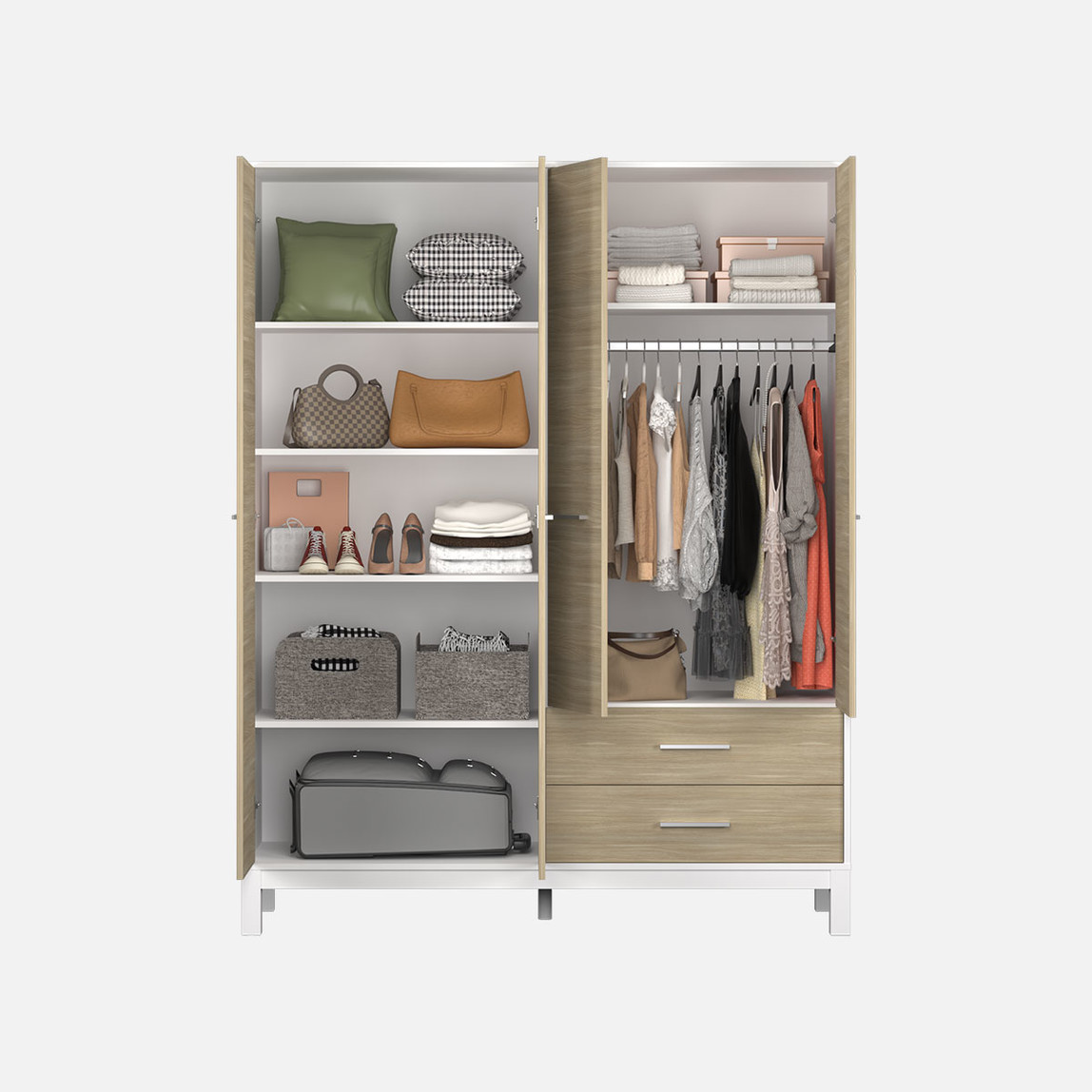    Adore London 4 Kapaklı 2 Çekmeceli Gardırop Meşe-Beyaz 